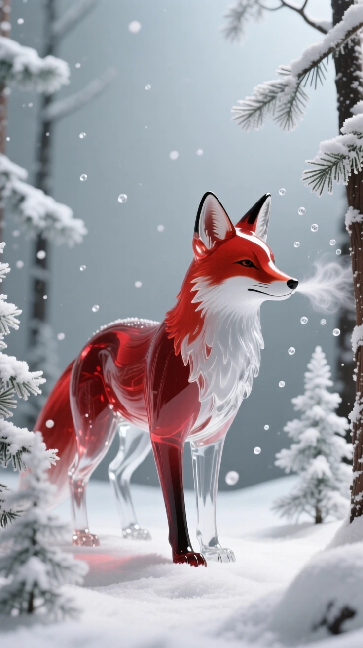 A red fox in a snow-dusted pine forest, breath visible in the cold air, soft winter light giving the scene a hushed, peaceful feeling.