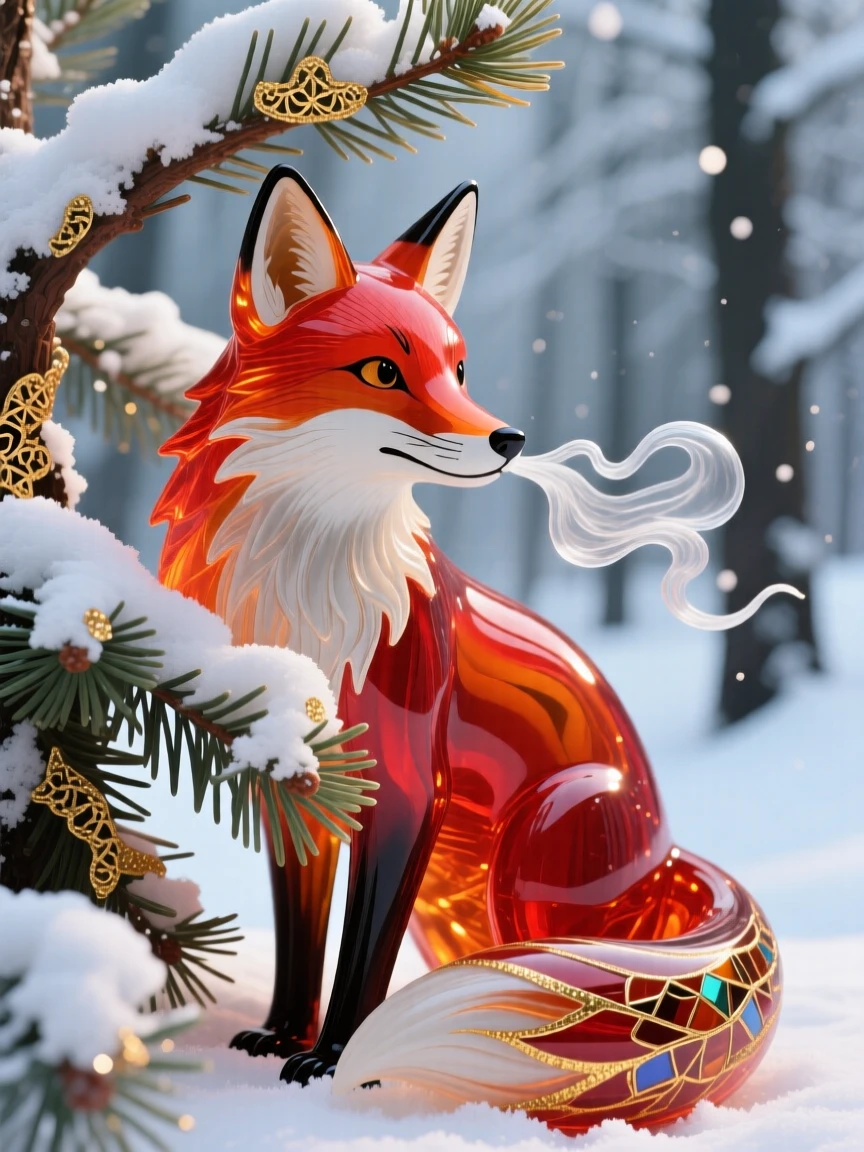 A curious red fox peeking out from snow-laden pine branches in a hushed winter forest, ears perked and breath visible in cold air, playful and mischievous.