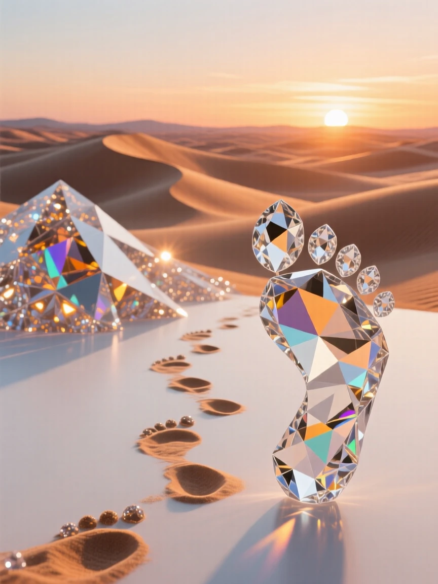 An endless dune sea at sunset, wind-carved ridges glowing amber, a single set of footprints leading toward the horizon.