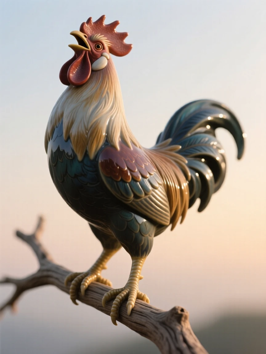 A rooster crowing at first light poised delicately on a slender branch, with iridescent feathers catching the light, evoking lightness, freedom, and grace.