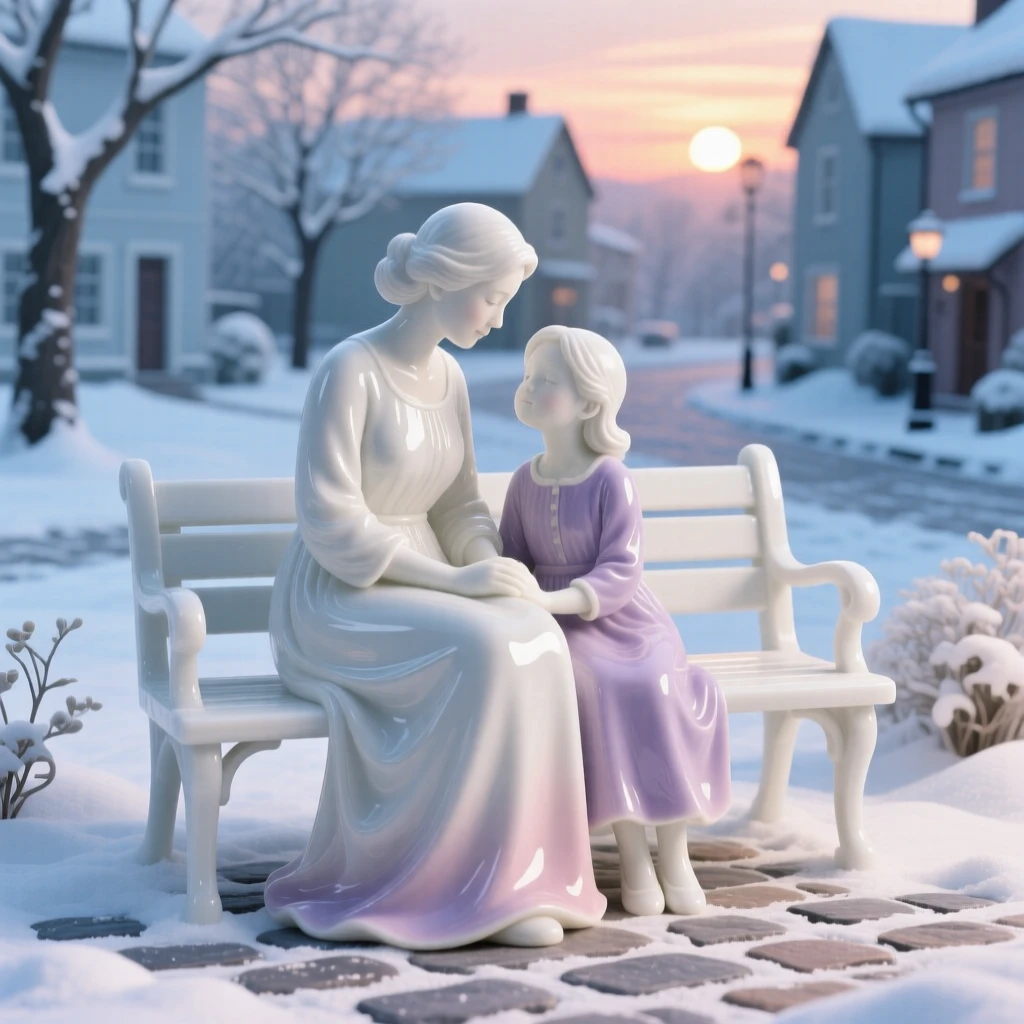 A tender scene of a mother and daughter watching a sunset from a garden bench in a snowy village square, light catching the folds of her dress.