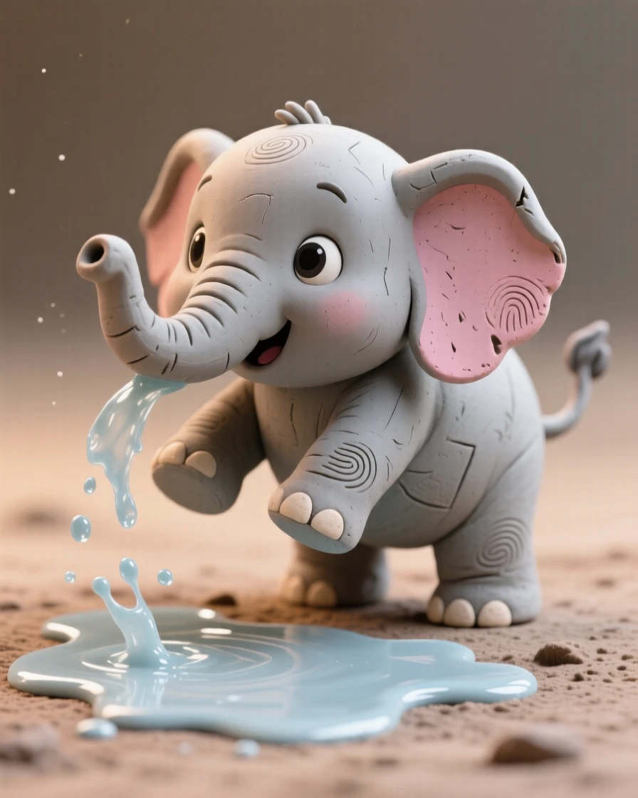 A baby elephant spraying itself with water from a puddle, ears flared wide
