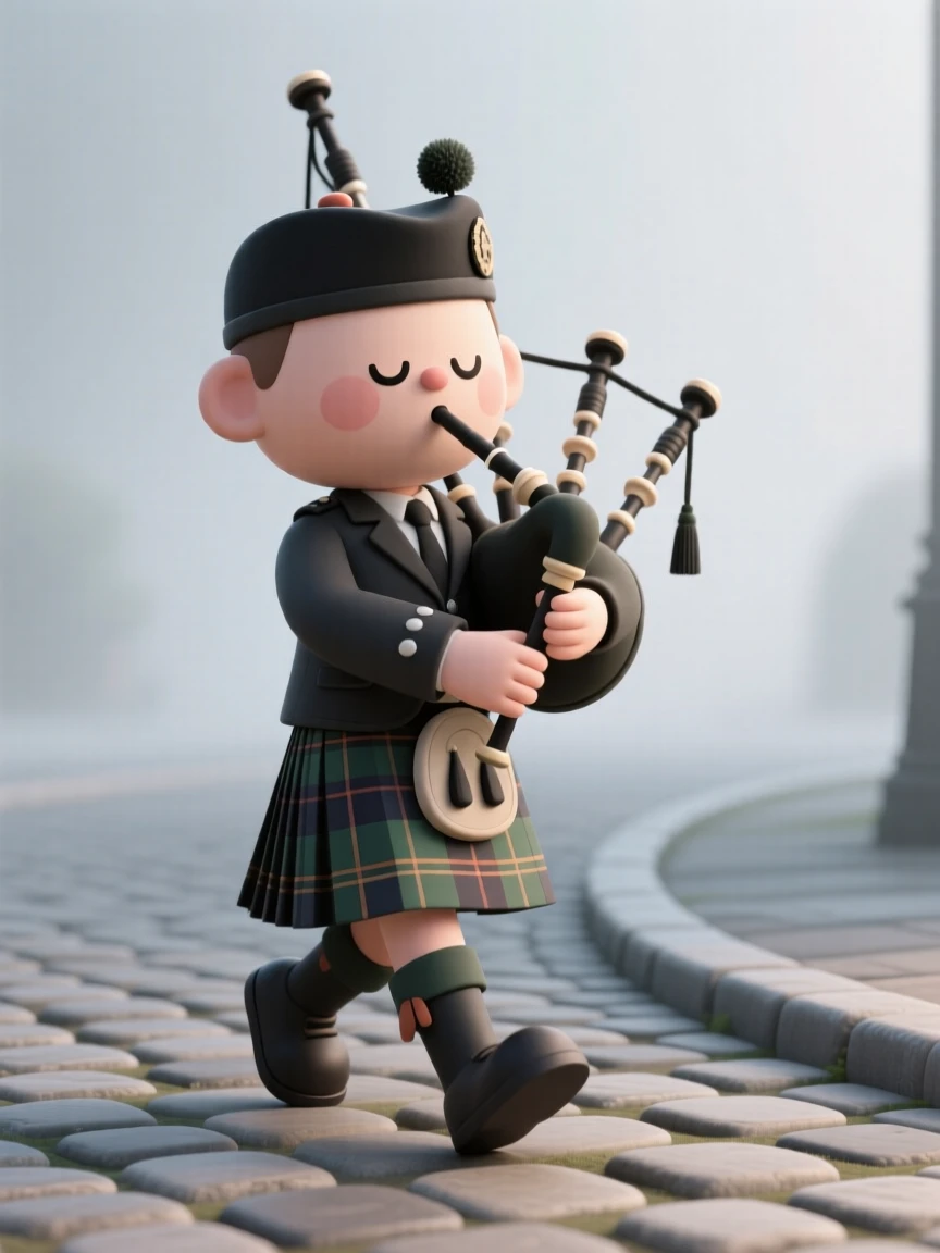 A Scottish bagpiper in full traditional dress marches proudly down a cobblestone street, cheeks puffed as music fills the misty morning air.