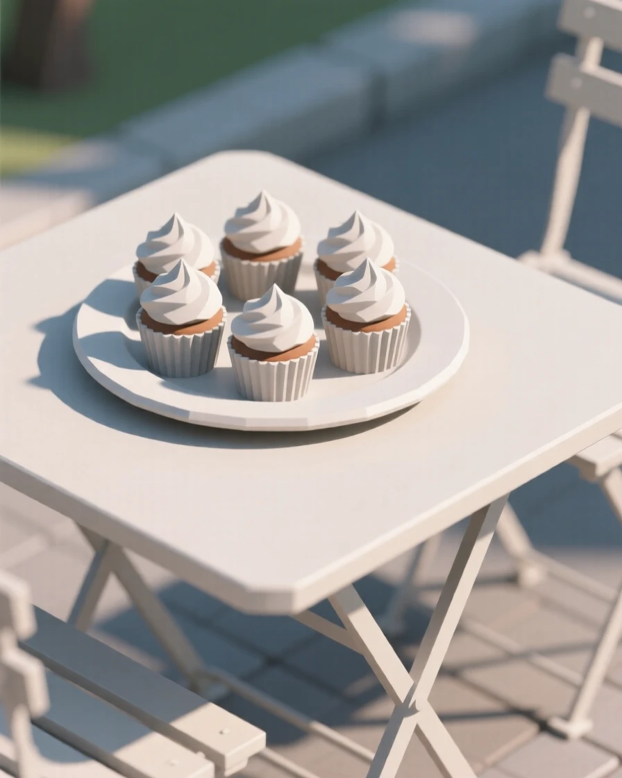 A plate of delicate pastel-colored cupcakes, at an outdoor café table. soft natural light highlights rich textures and colors. A cozy, relaxed feeling fills the scene.