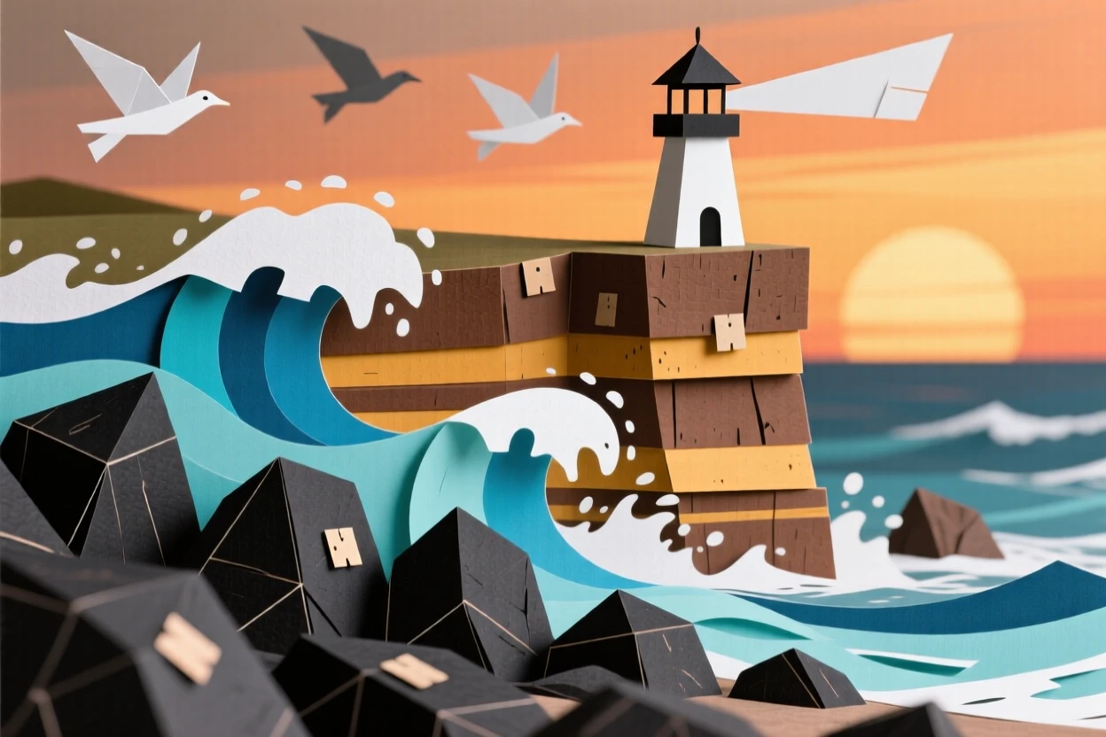 A dramatic sea cliff at sunset, waves crashing against dark rocks far below, seabirds circling overhead, and a narrow lighthouse silhouetted on the point, capturing the raw power and beauty of the coastline.