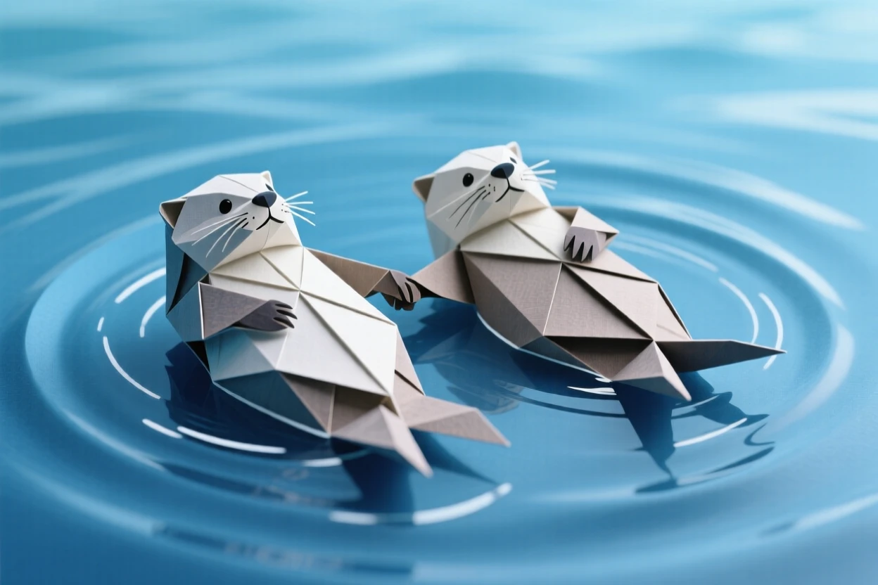 Two sea otters floating on their backs holding hands to keep from drifting apart, ripples spreading outward, calm blue water filling the frame.