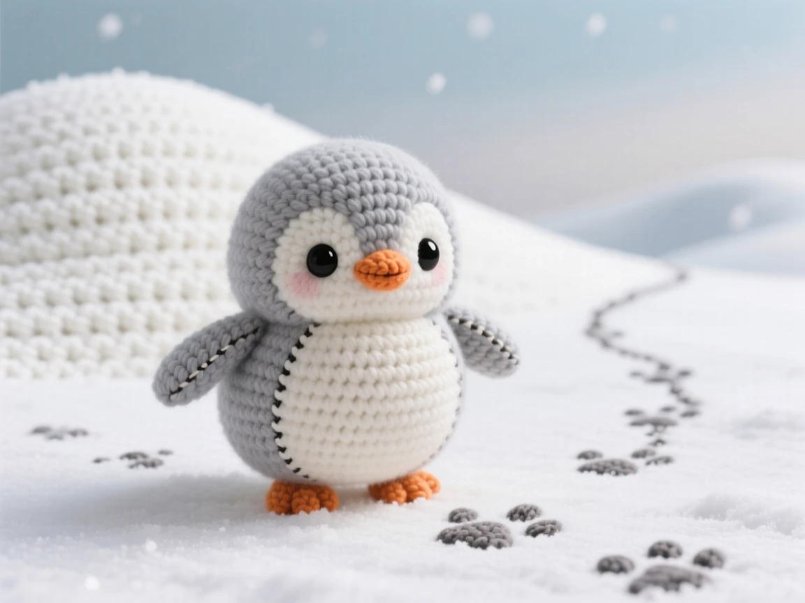 a plump little penguin chick, with soft grey down and tiny flippers, waddling forward with wings spread for balance, set in a snowy hillside under a pale winter sky, with a trail of small paw prints in the snow, evoking quiet contentment and gentle curiosity.