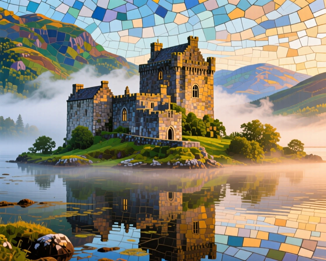 A breathtaking wide-angle view of an ancient stone castle perched on a misty Scottish loch, with rich warm lighting and fine architectural detail.