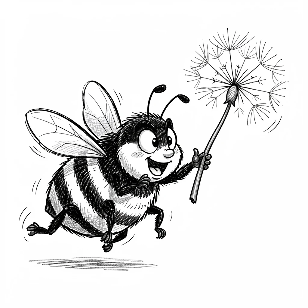 A plump bumblebee chasing a floating dandelion seed.