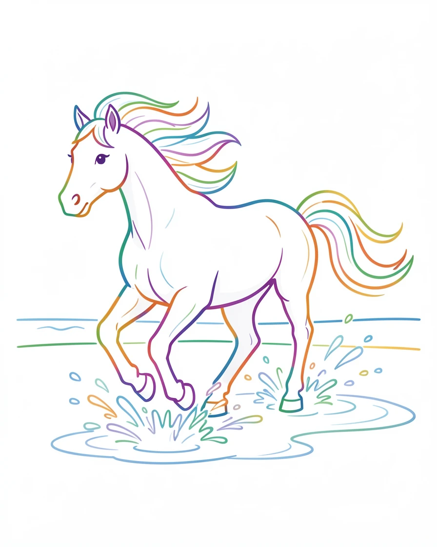 A majestic horse galloping along a beach at low tide, mane and tail streaming in the wind, hooves kicking up sprays of water.