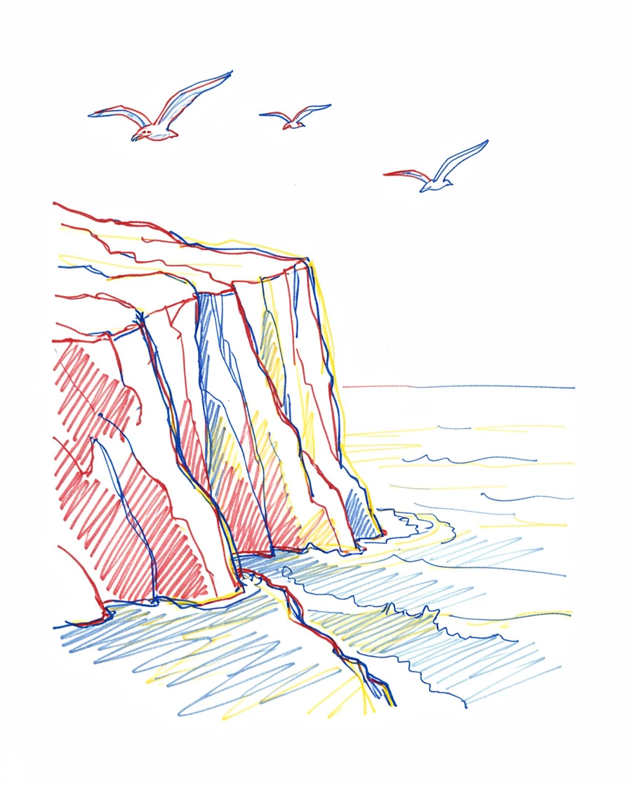A rugged coastal cliff with waves crashing far below and seabirds wheeling overhead