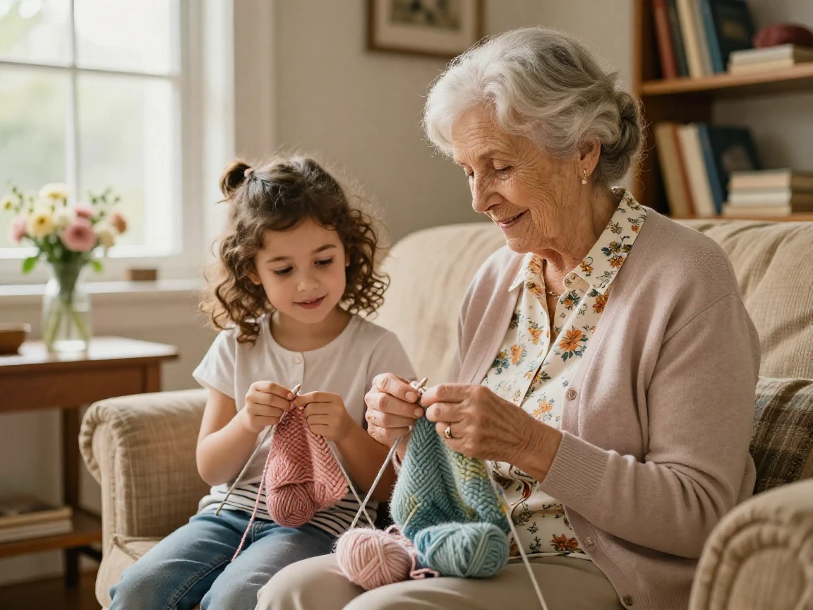 A grandmother teaching her granddaughter to knit