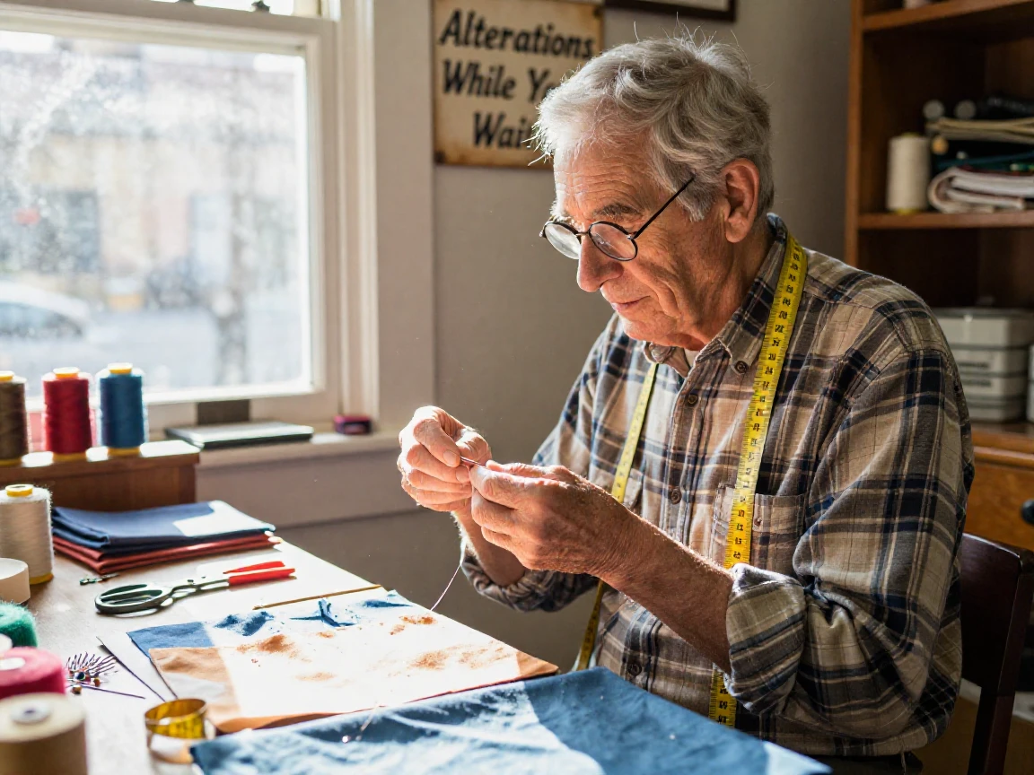 An elderly tailor threads a needle by a sunlit window in his small shop.