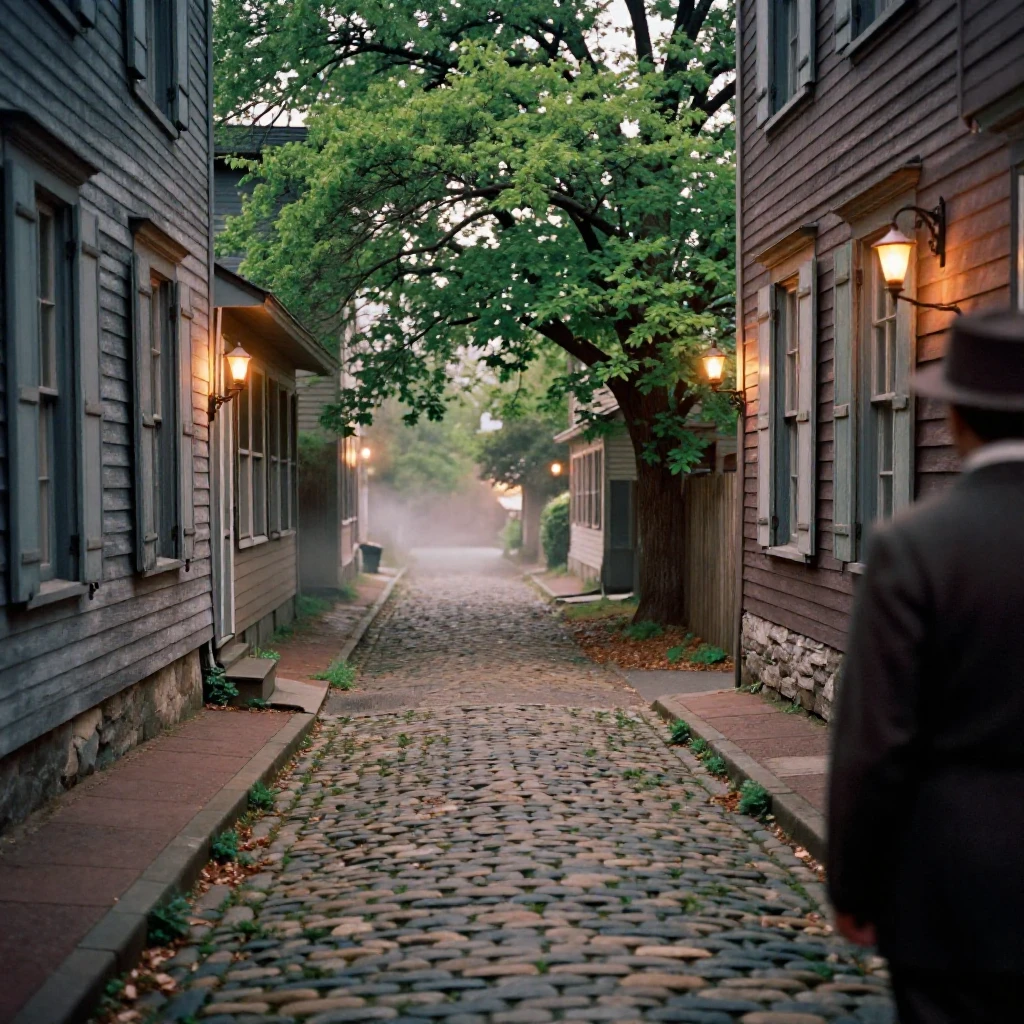 A quiet lane paved with uneven cobblestones and lined with shuttered windows, under flickering candlelight, as mist rises off the ground, in early spring, with deep emerald greens and browns, over the shoulder of the main subject.