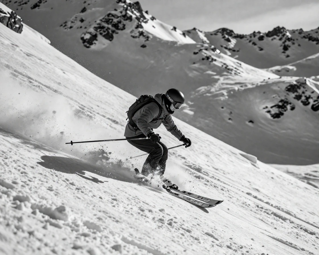 A skier carves fresh tracks down a snowy slope on a snow-covered mountain.