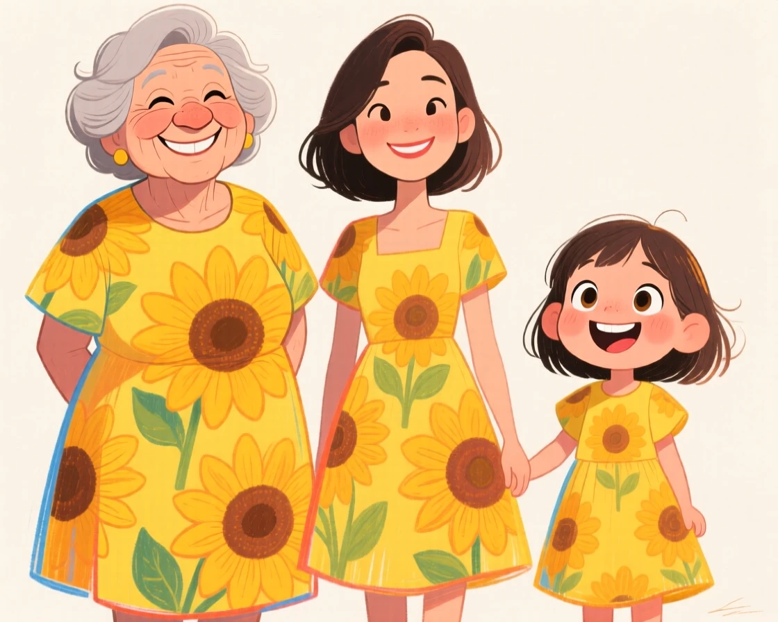 Three generations of women standing in a row by height, from grandmother to mother to little girl, all wearing matching sunflower dresses.