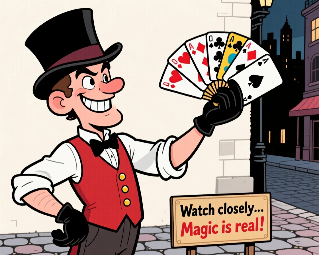 A charming portrait of a mischievous street magician mid-trick, top hat tipped forward, one eyebrow raised, cards fanned out in his gloved hand.