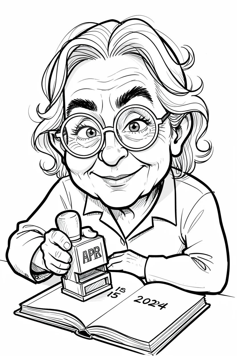 [People Portraits & Characters] Portrait of a wise old librarian peering over round glasses while stamping a book, full of personality and charm