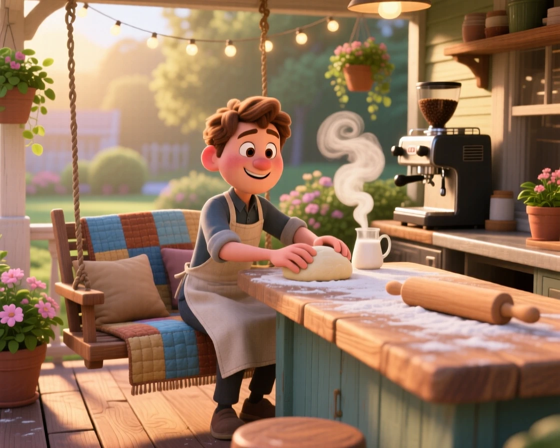 A barista steaming milk behind a counter sits on a porch swing wrapped in quilts, kneading dough on a floured counter. The atmosphere is warm, unhurried, and peaceful, with soft golden light spilling across the floor.