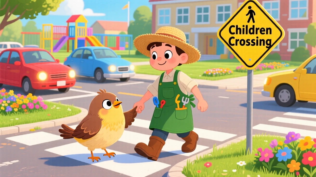 In a sunny schoolyard, a small bird and a kind gardener bond over holding hands while crossing a busy street, with quiet gratitude in their eyes.