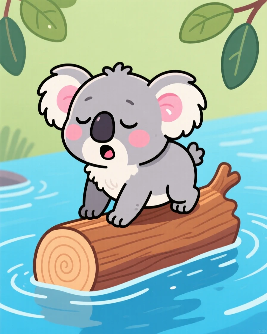 A sleepy koala cub balancing on a floating log.