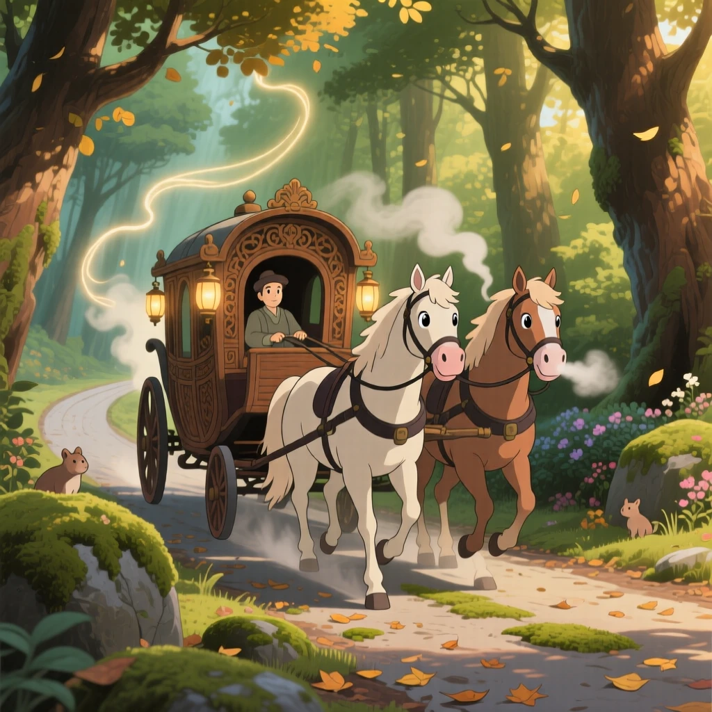 A charming scene of a horse-drawn carriage traveling along a forest road, with steam and light trailing behind it.
