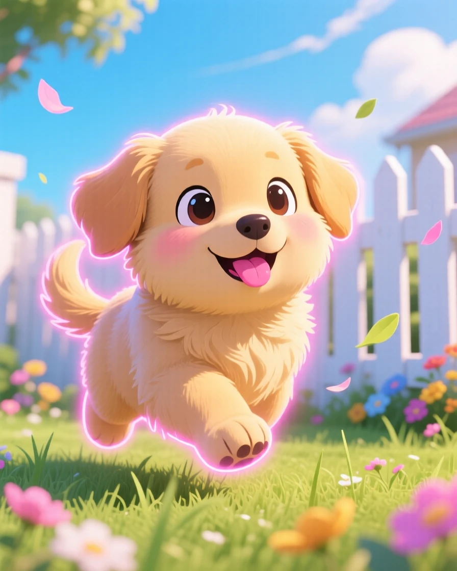Extreme close-up: a chubby golden retriever puppy, chasing its own tail in delighted circles, set against a sunny backyard with a picket fence during a light summer breeze, with neon-lit glow and a mood of proud determination.