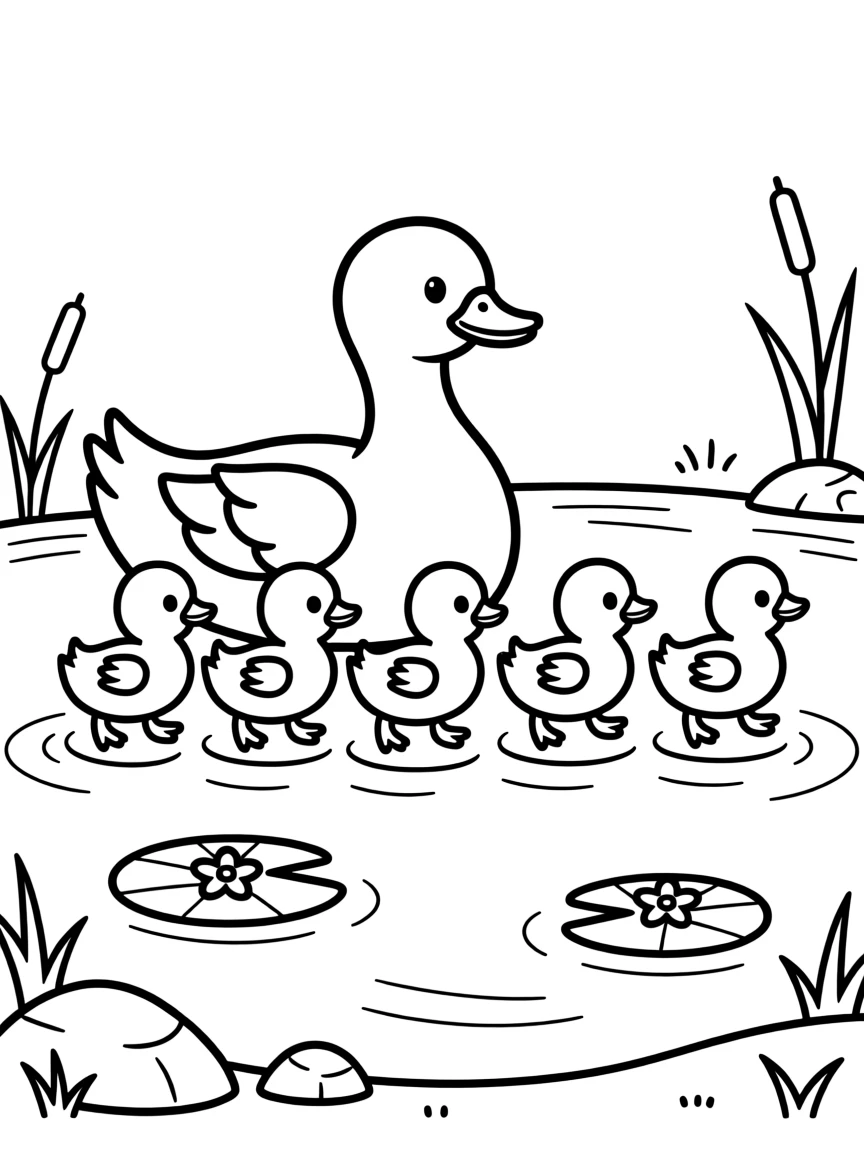 A family of ducklings following their mother across a pond