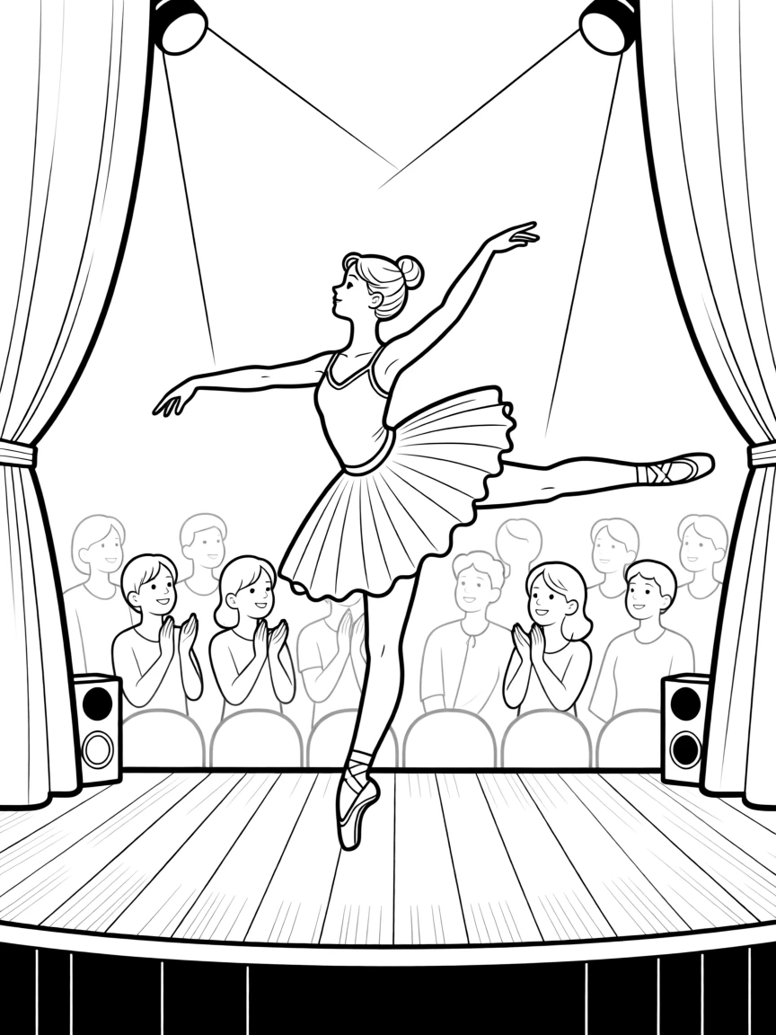 A ballet dancer mid-leap on an empty stage, with a crowd cheering just out of focus.