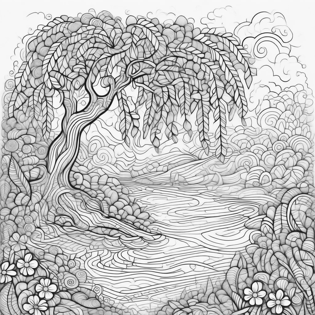 A weeping willow tree trailing its branches into a still, glassy pond.