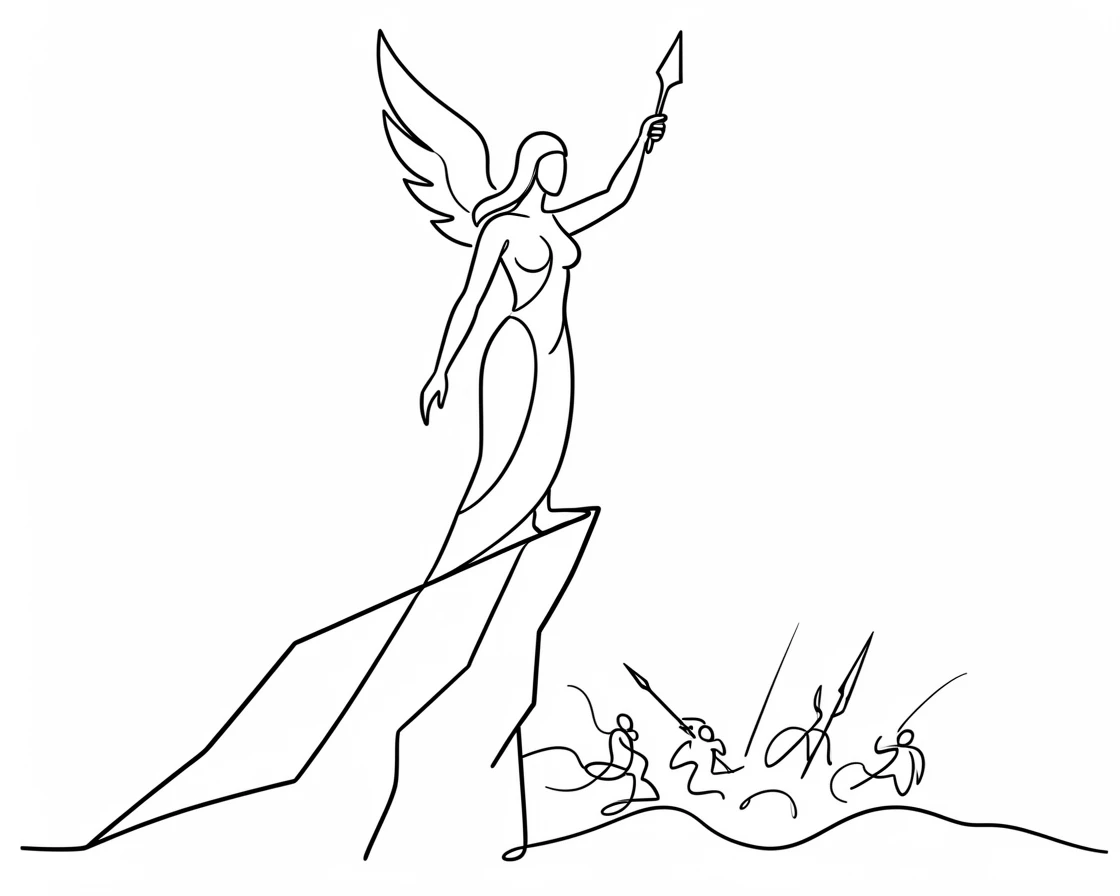 A valkyrie standing atop a cliff overlooking a mythic battlefield