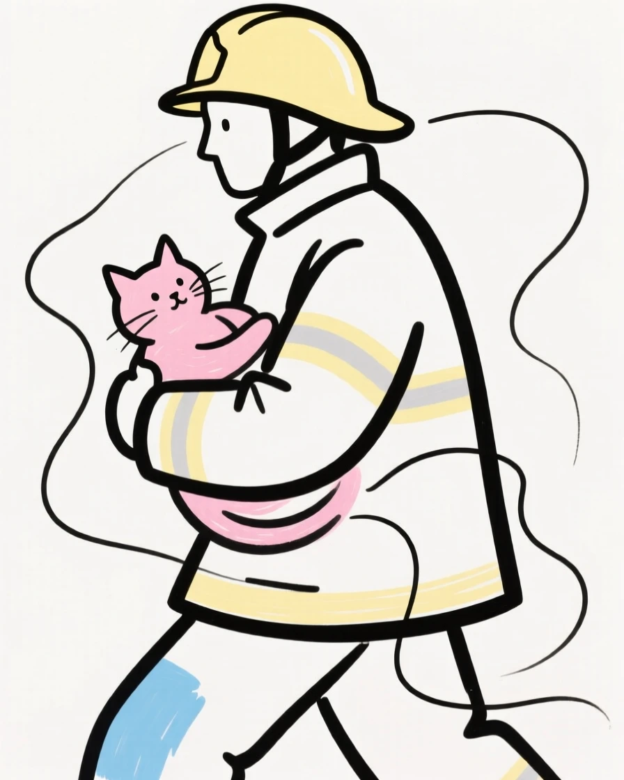A firefighter carrying a rescued kitten
