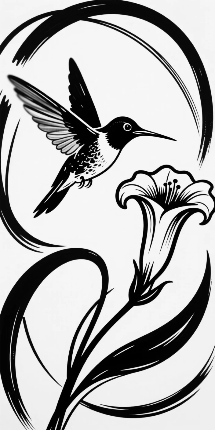 A hummingbird hovering beside a trumpet-shaped flower, wings blurred in motion.