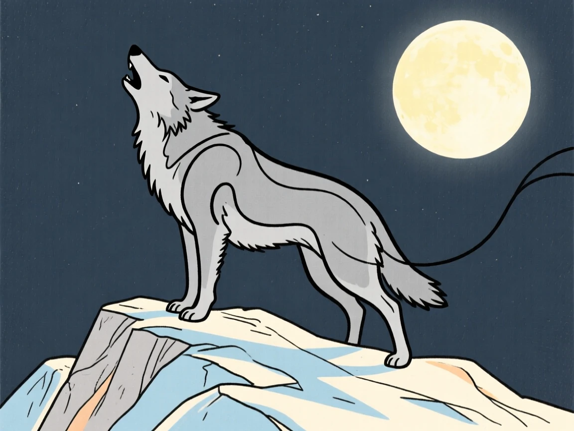 A gray wolf howling atop a rocky ridge under a full moon.