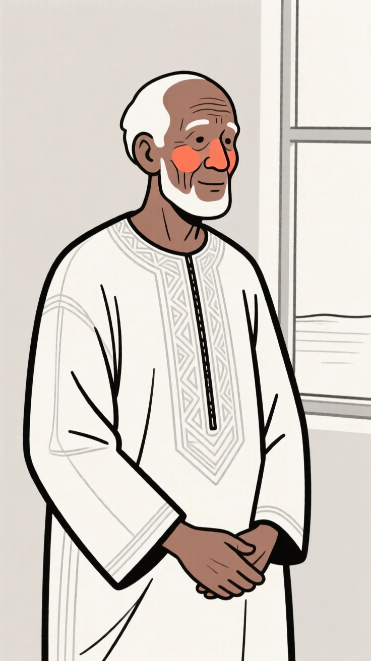 An elderly man wearing an Ethiopian habesha dress, glowing with nostalgia.
