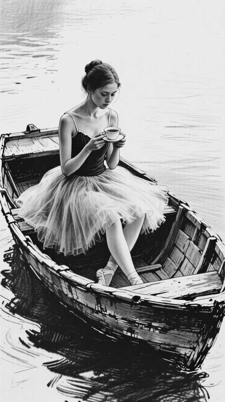 A young ballerina holding a cup of tea with both hands, lost in memory, in an old wooden rowboat.