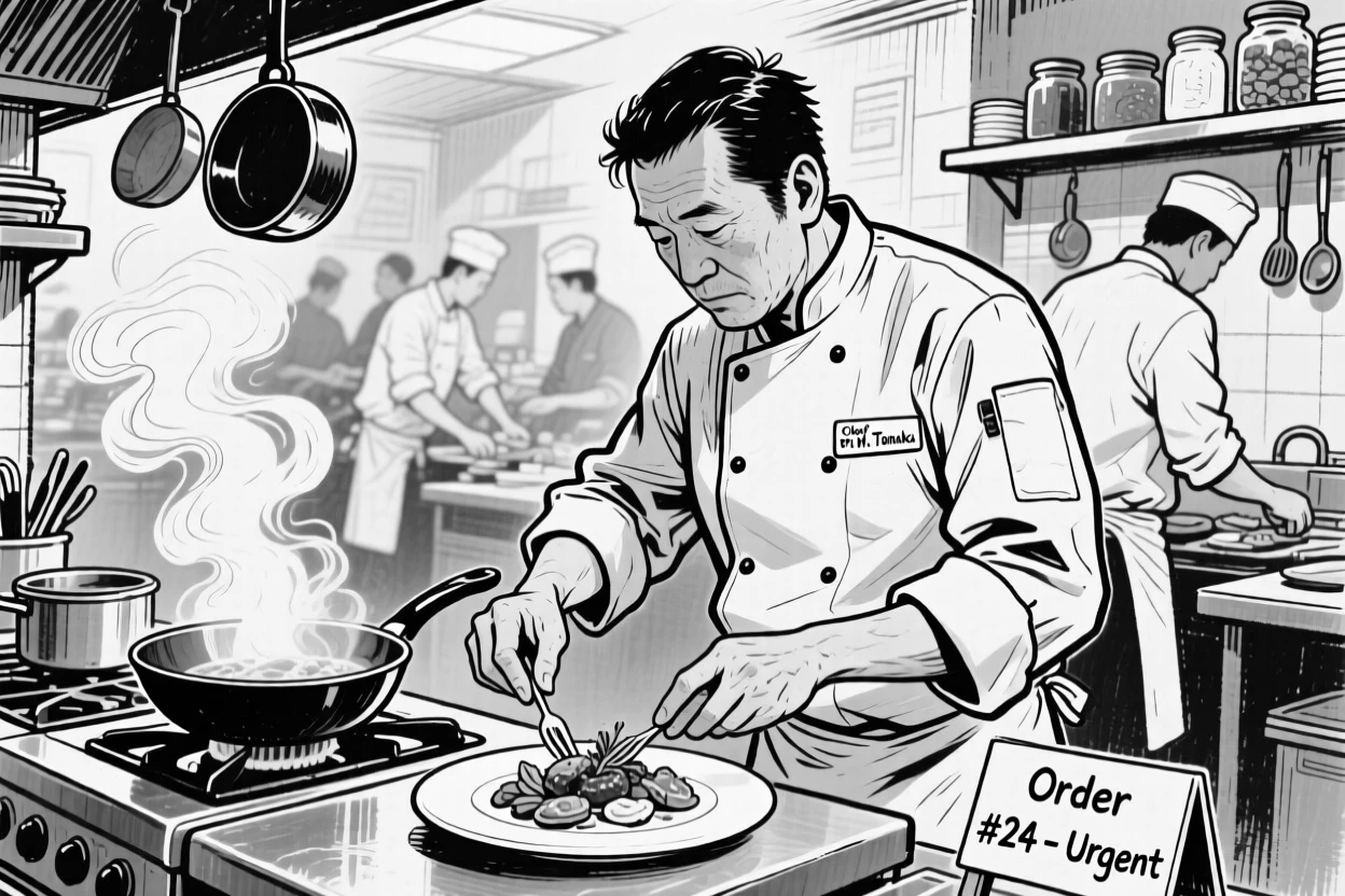 A chef carefully plating a dish in a busy kitchen, steam rising from the pan, other cooks working in the blurred background.