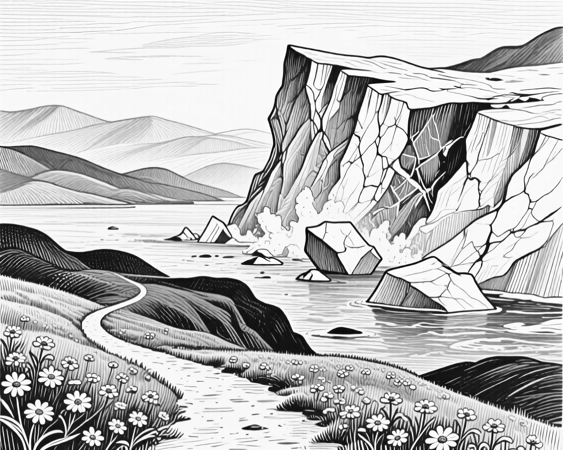 A glacier calving into the sea with layers of hills fading into the distance, with scattered wildflowers along the path, evoking a softly romantic atmosphere in a wide, balanced composition.