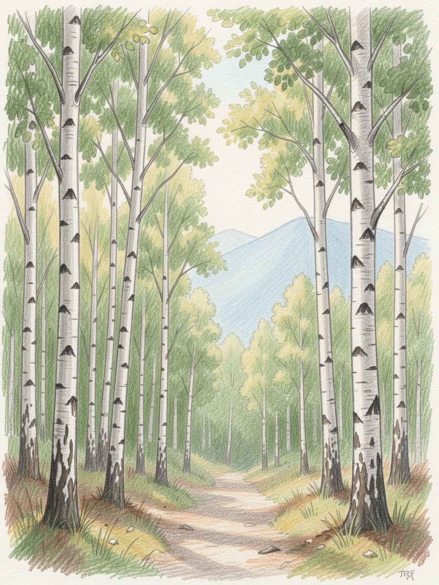 A quiet birch forest with sunlight filtering through the leaves, with distant mountains fading into soft blue haze, full of gentle nostalgia for simpler days.
