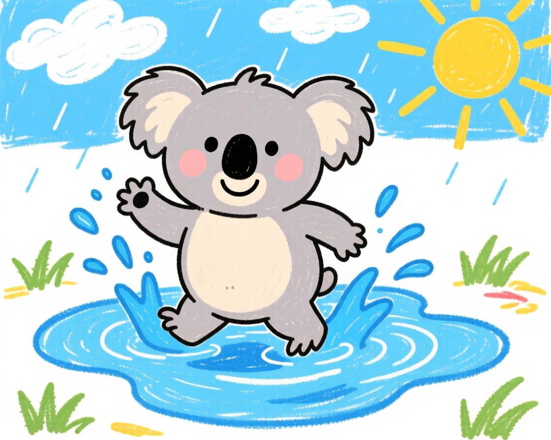 A plump koala joey splashing in a shallow puddle after rain.