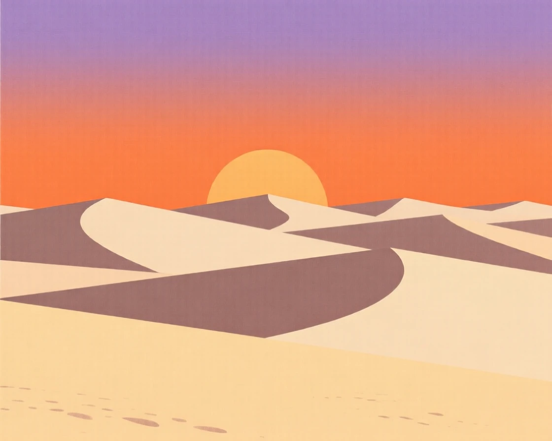 A desert landscape with rolling sand dunes at sunset