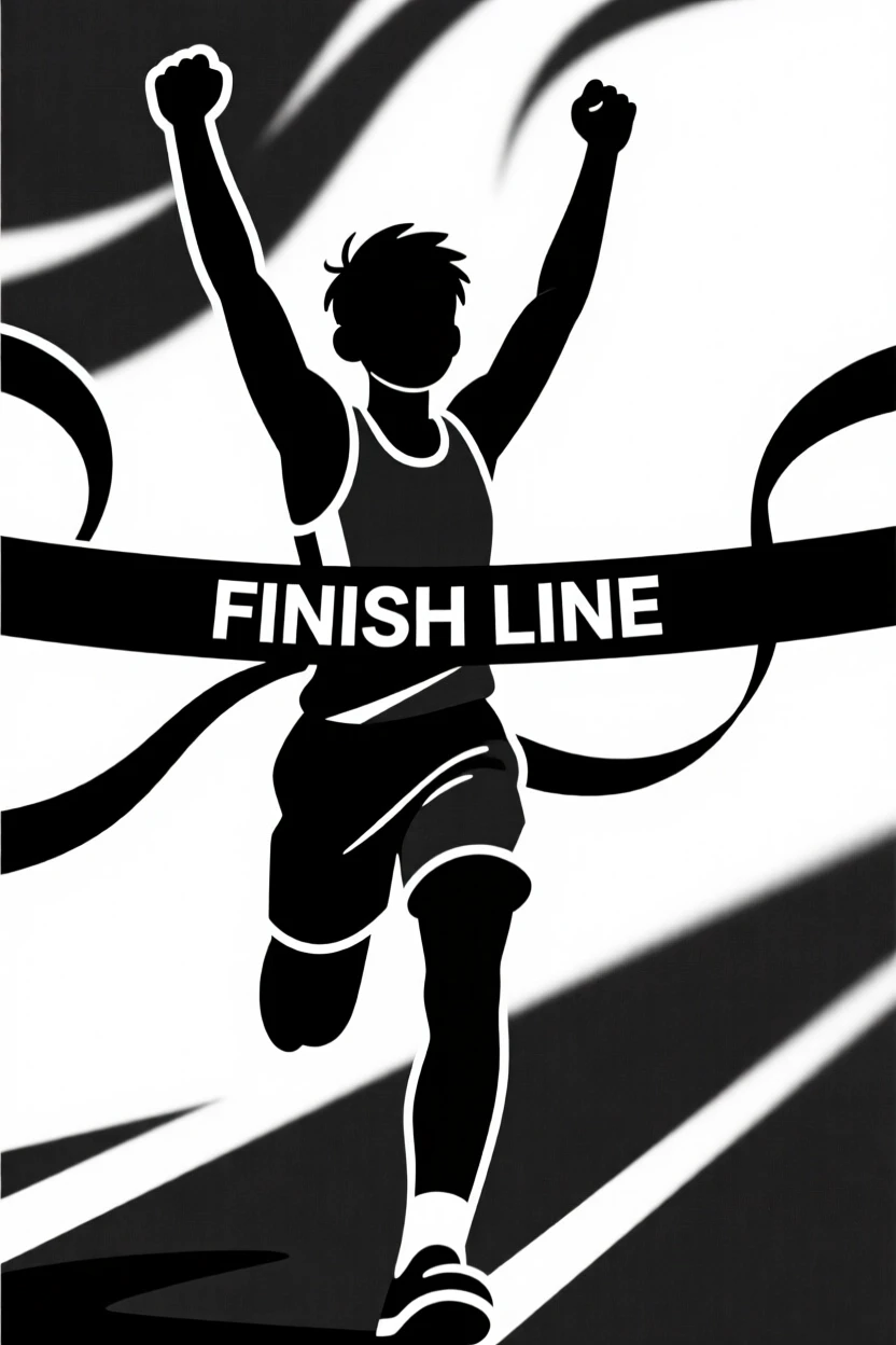 A young athlete crossing a finish line in triumph.