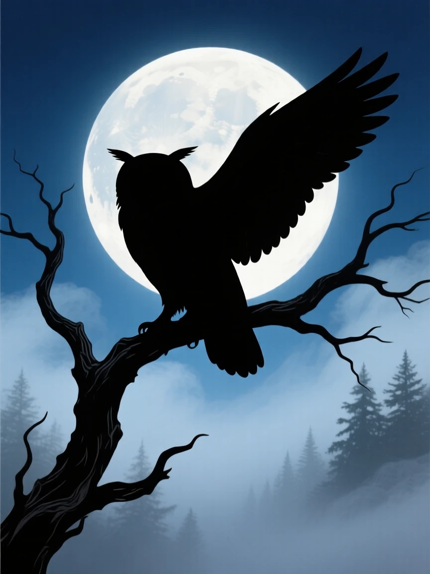 A great horned owl perched on a gnarled branch, wings half-spread, framed by a full moon and drifting fog.