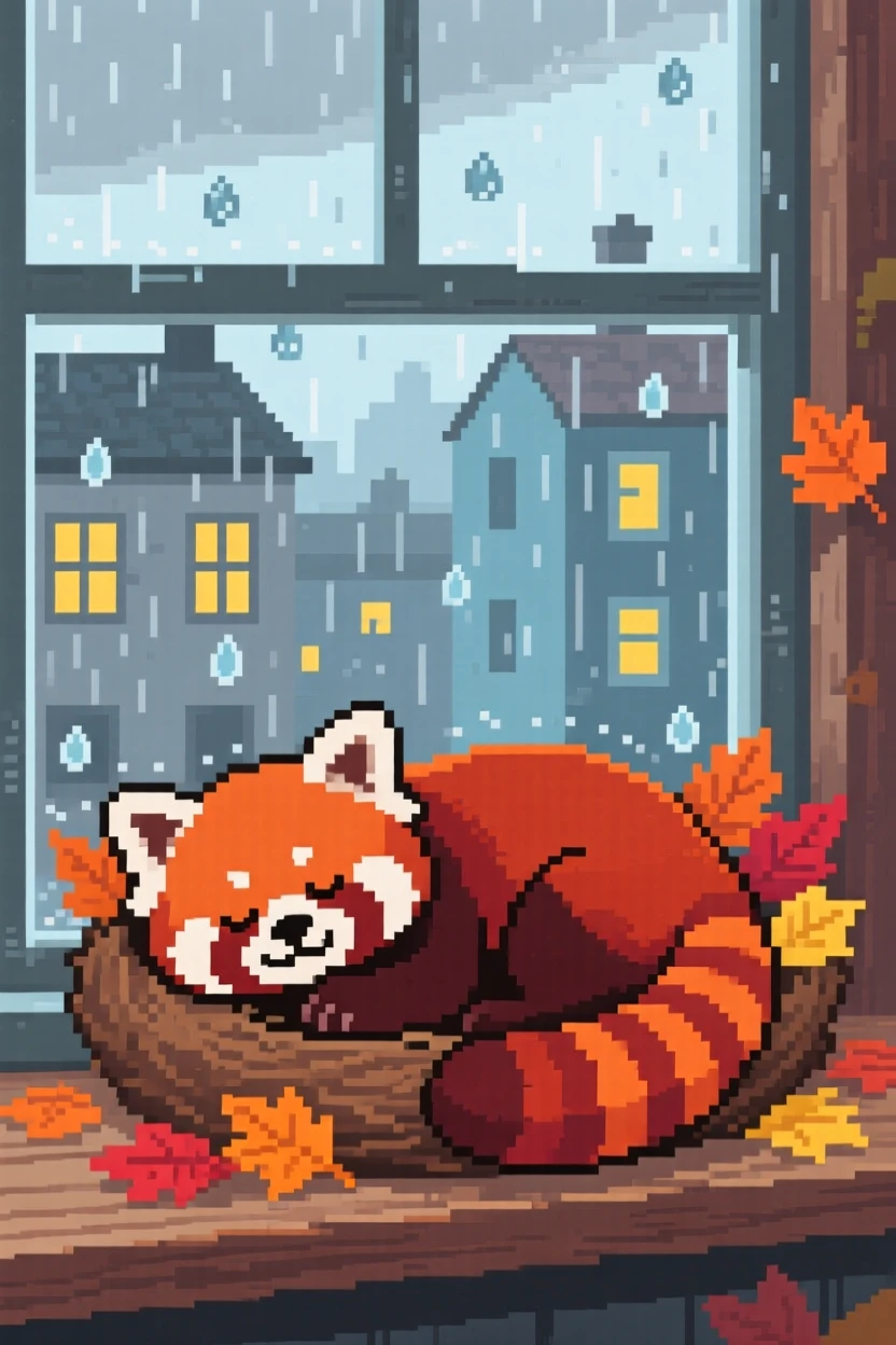 A young red panda asleep in a nest of autumn leaves, on a windowsill overlooking a rainy town.