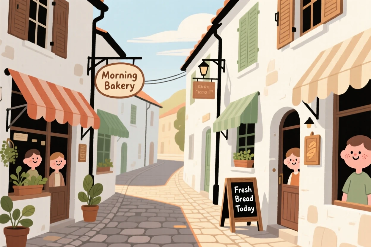 A sunlit alley winds through a small countryside town lined with whitewashed buildings and striped awnings, quiet in the early morning light.