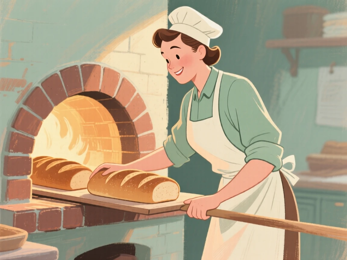 A baker pulling fresh loaves from a brick oven
