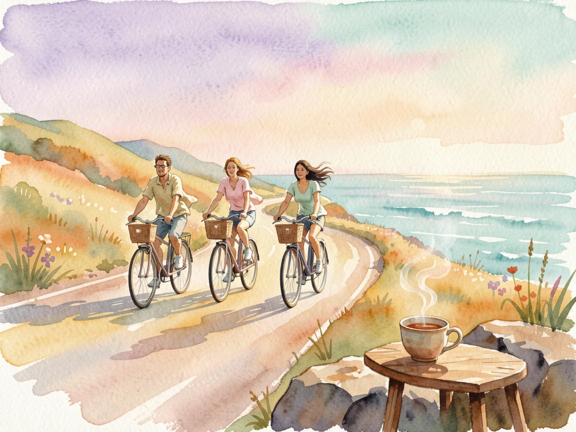 A group of cyclists riding along a coastal road with a warm cup of tea nearby.