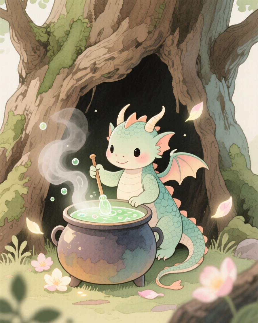A tiny baby dragon stirs a bubbling potion in a tiny cauldron in an ancient hollow oak, surrounded by softly glowing petals