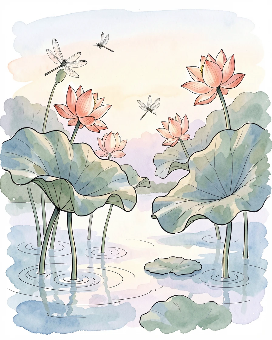 A tranquil lotus pond at sunrise, pink blossoms opening among broad leaves, dragonflies hovering just above the still water