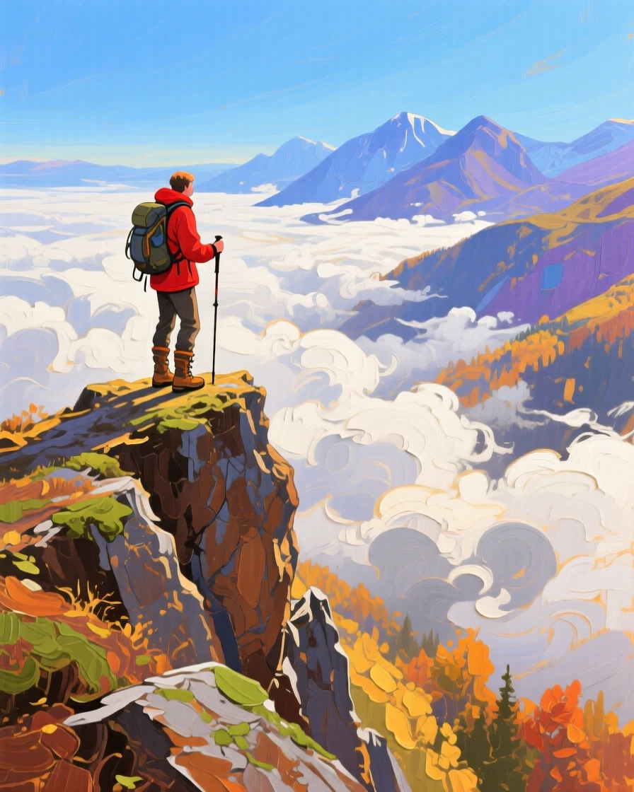 a lone hiker on a narrow ridge above a cloud-filled valley, on a clear autumn morning, with a clear foreground, subject, and distant setting.